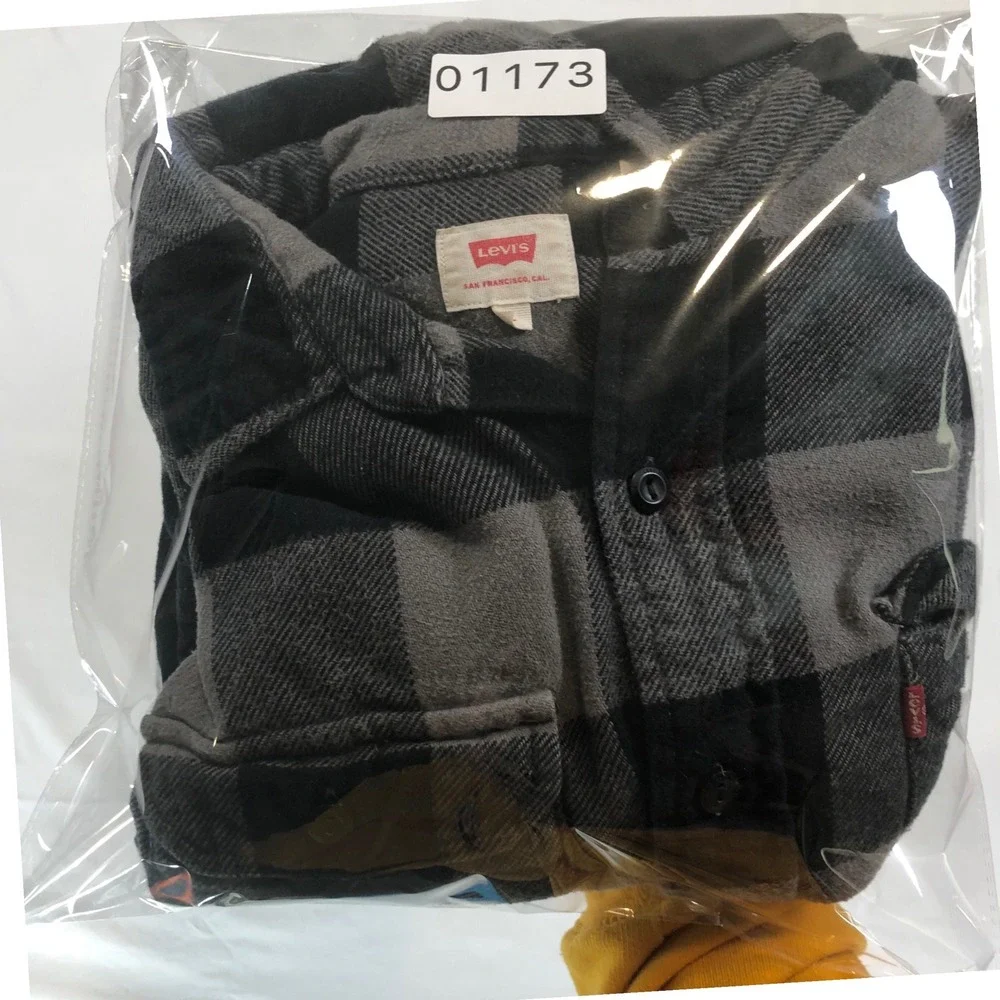 Levis Mens Buffalo Plaid Flannel Shirt Grey Black Long Sleeve Button Down Large